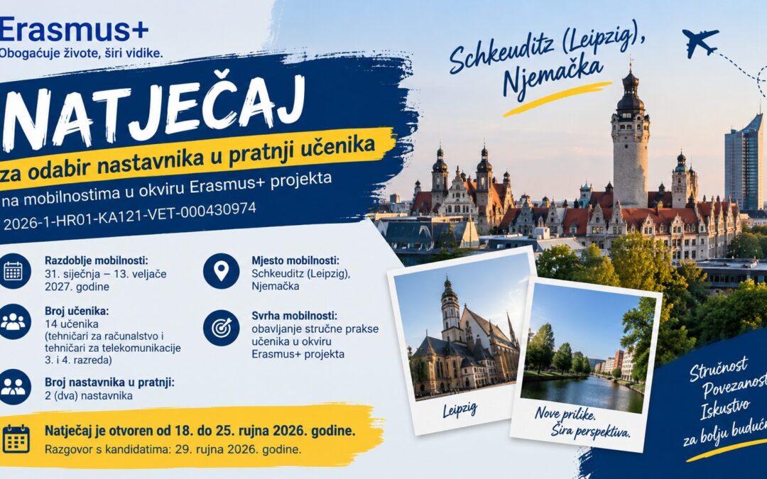 NATJEČAJ za odabir nastavnika u pratnji učenika na mobilnostima u okviru Erasmus+ projekta 2026-1-HR01-KA121-VET-000430974