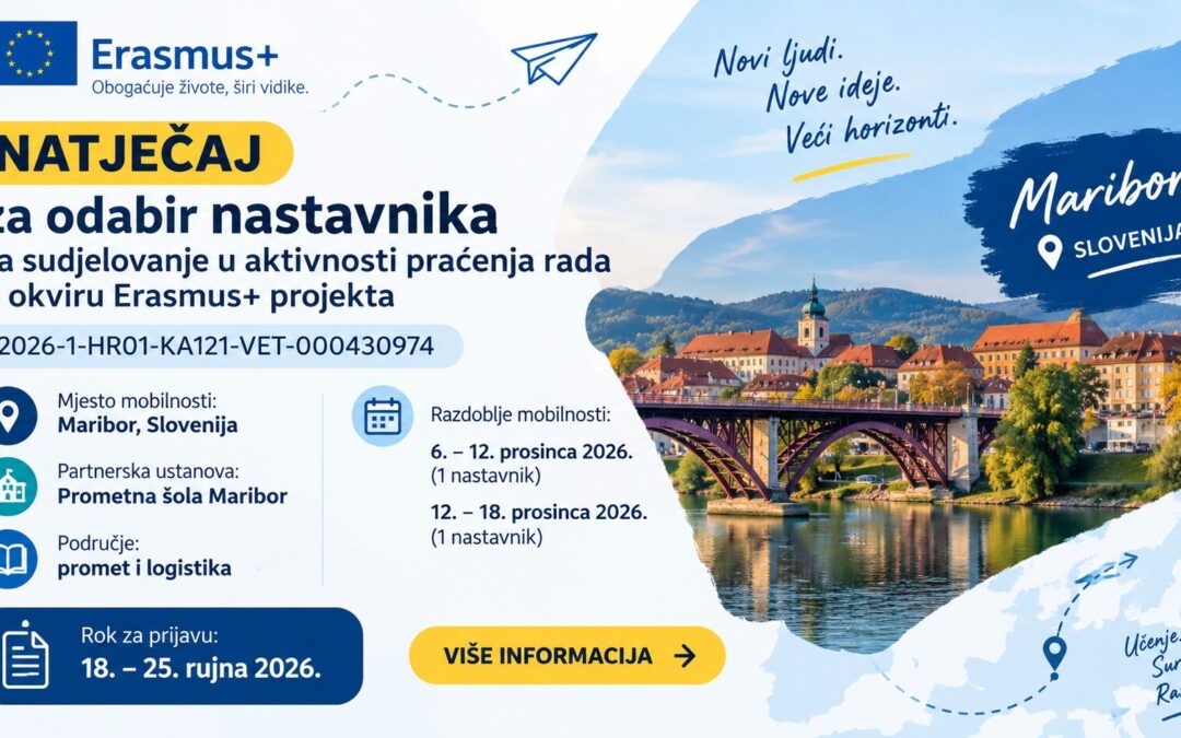 NATJEČAJ za odabir nastavnika za sudjelovanje u aktivnosti praćenja rada u okviru Erasmus+ projekta 2026-1-HR01-KA121-VET-000430974